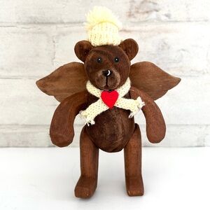 Brown Wooden Angel Bear Figurine Christmas Tree Ornament